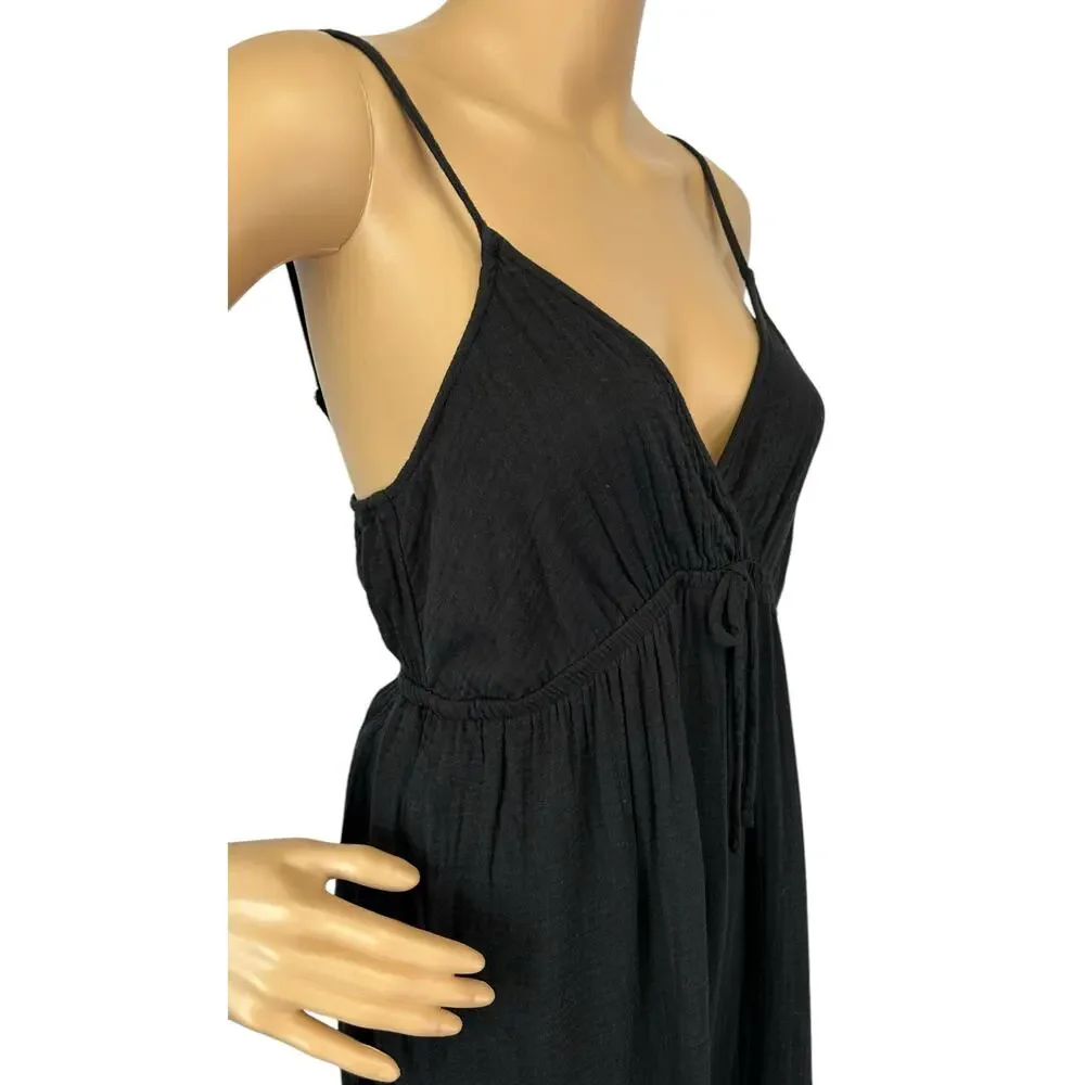 NWT DKNY V-Neck Front Tie Maxi Dress Cover Up Black Beachwear Side Slit Size M